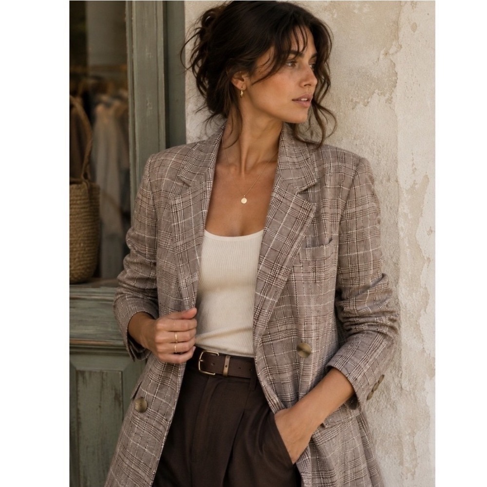 NWOT Maeve Anthropologie Plaid Double Breasted Blazer Women 12 Linen Jacket